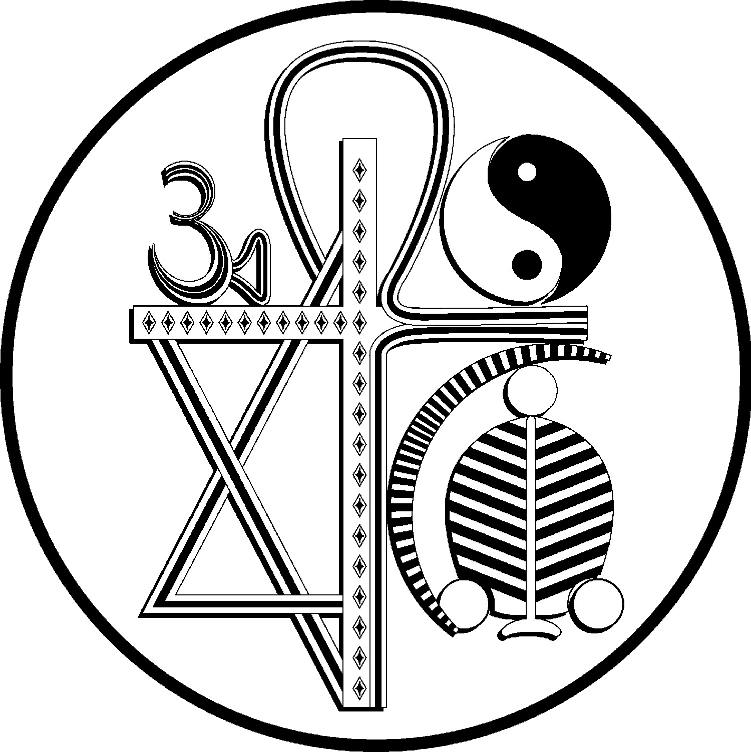 Oneness interfaith logo, which combines Hinduism, Judaism, Christianity, Buddhism, Islam, Taoism, and Egyptian Ankh