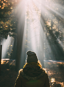 woman standing in a forest with light streaming through the trees